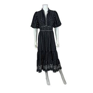 Max Studio London Floral Dress Medium Black White Printed Puff Sleeves Tiered Mi